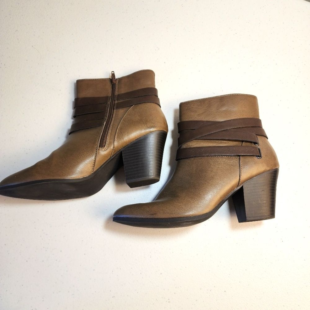 a.n.a. Brown and Tan Booties 3" Wide Heel Strappy Zip up Boots Women's Size 11